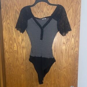 White Birch Black and White Striped Bodysuit with Lace Sleeves